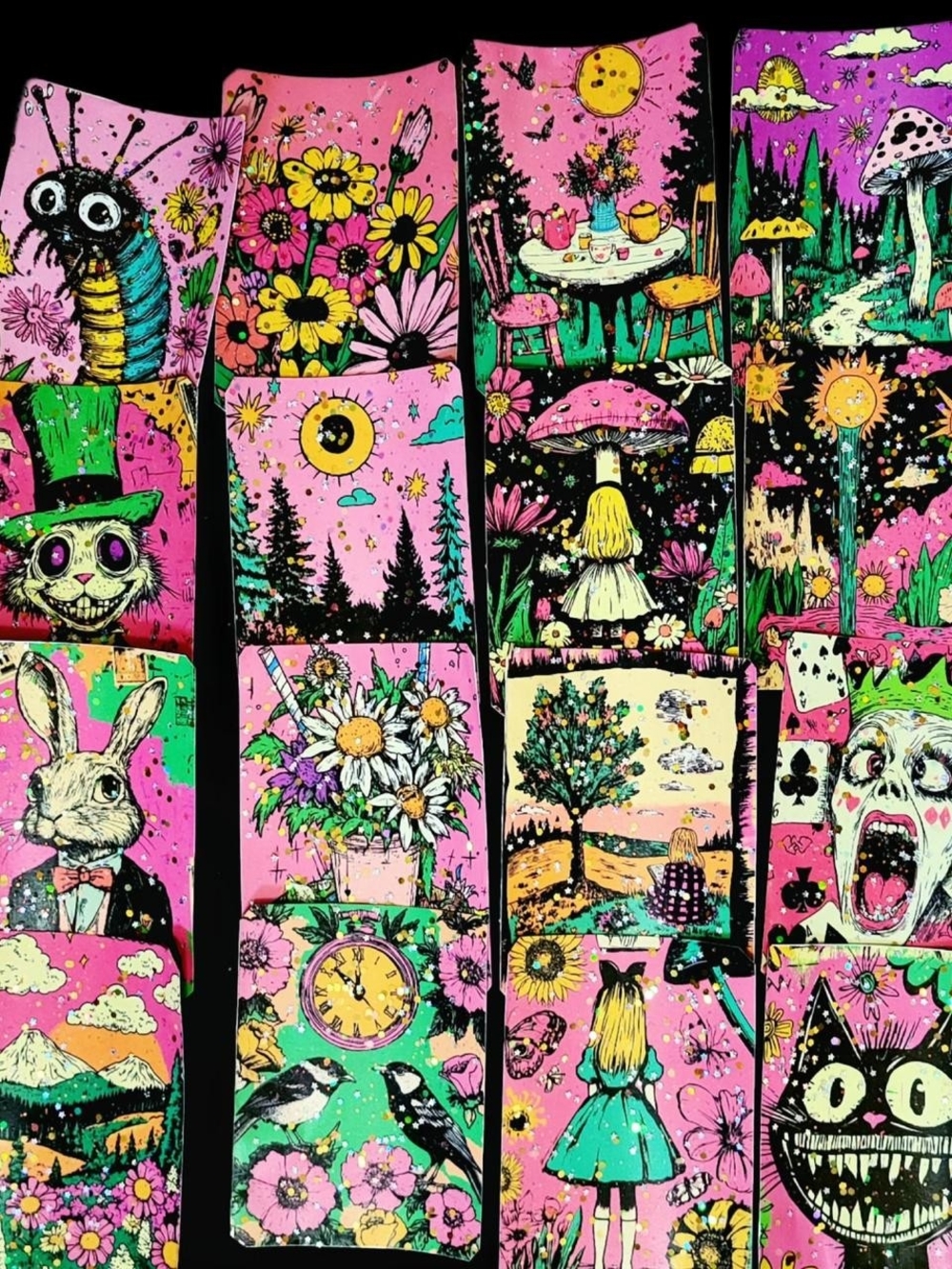 16 Alice In Wonderland Stickers Large Trippy Goth Whimsy in PINK & Glitter